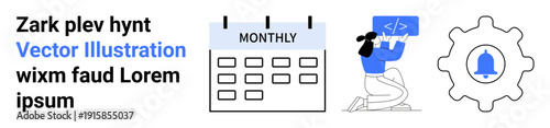 Productivity, software development, workflow organization, user interface, schedule management, notifications. Calendar labeled monthly, coding person and settings gear with bell. Productivity