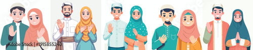 half body vector of muslim couple waving their hands welcoming ramadan