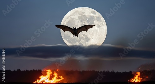 Bat Flying in Front of Full Moon.