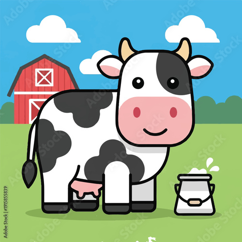 Cartoon Cow Standing Near Milk Pail.