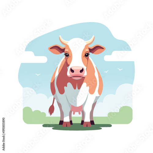 Cartoon Cow Standing on Green Grass 2.