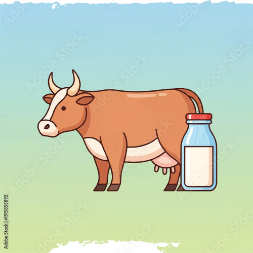 Cartoon Cow Standing Next to Milk Bottle.