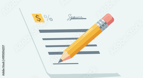 Pencil Signing Document with Percentage and Dollar Sign on Paper