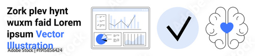 Analytics dashboard with charts and a pie graph, bold check mark inside a circle, and brain with a heart in the center. Ideal for data analysis, decision-making, mental health, productivity, medical