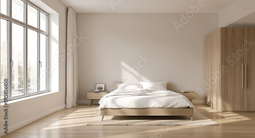 Modern Minimalist Bedroom with Natural Light and Neutral Tones.