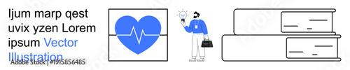 Education, healthcare, innovation, personal growth, learning resources, problem-solving. A blue heart with ECG line, a figure holding a lightbulb and stacked books. Healthcare and innovation visual