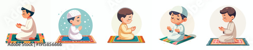 vector little muslim boy sitting praying on a prayer mat side view
