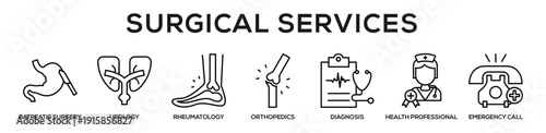 Line - Surgical Services web banner icon vector illustration concept for business with icon of Batreatic surgery, Urology, Rheumatology, Orthopedics, Diagnosis, Health professional, Emergency.