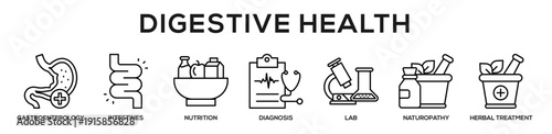 Line - Digestive Health web banner icon vector illustration concept for business with icon of Gastroenterology, Intestines, Nutrition, Diagnosis, Lab, Naturopathy, Herbal.