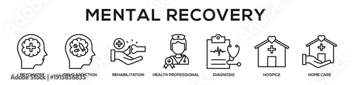 Line - Mental Recovery web banner icon vector illustration concept for business with icon of Psychiatry, Drug Addiction, Rehabilitation, Health professional, Diagnosis, Hospice, Home.