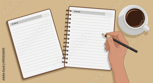 A hand holding a pen over an open notebook with a cup of coffee nearby on a desk