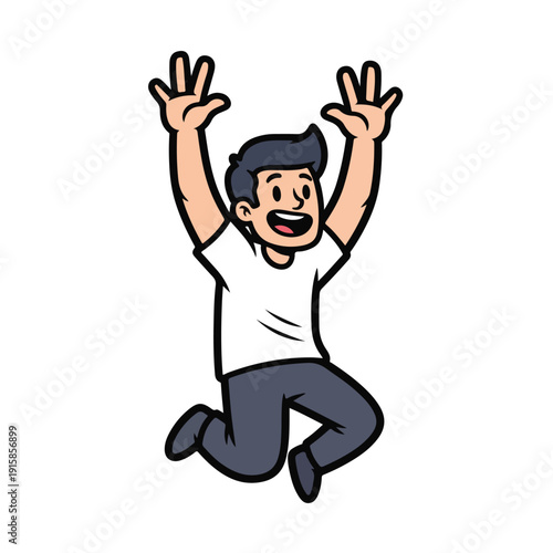 Man jumping up in the air with raised hands in excitement