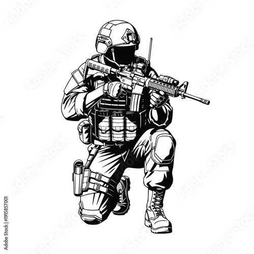 Soldier in tactical gear kneeling with rifle on white background