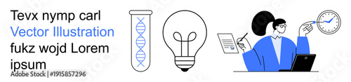 Science, innovation, productivity, research, education, time management. DNA double helix, light bulb and person analyzing data. Science and innovation in modern research and productivity theme