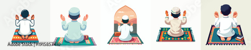 vector little muslim boy sitting praying on a prayer mat back view