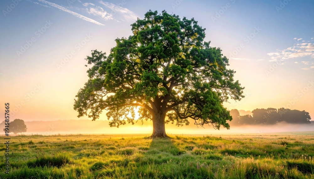 Fototapeta premium Majestic oak tree stands alone in a misty field at sunrise.
