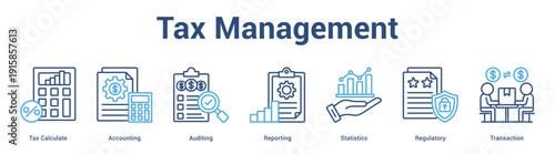 Tax Management web banner icon set vector illustration concept for business with icon of Tax Calculate, Accounting, Auditing, Reporting, Statisti.