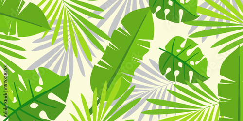 Leaves background with summer fun design concept, abstract illustration with exotic jungle leaves, colorful design, summer background, tropical leaves.Tropical leaf background, palm leaves, monstera 