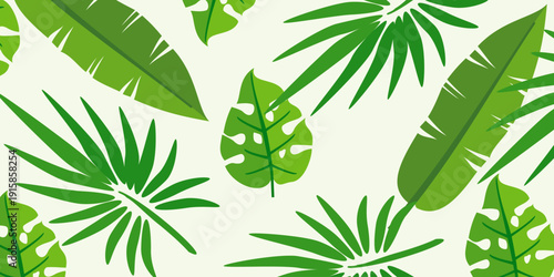 Leaves background with summer fun design concept, abstract illustration with exotic jungle leaves, colorful design, summer background, tropical leaves.Tropical leaf background, palm leaves, monstera l