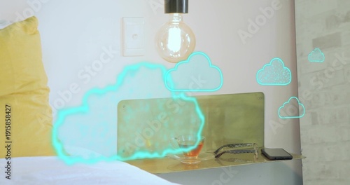 Glowing cyan cloud overlaying bed and brass shelf in bedroom, with yellow pillow and eyeglasses