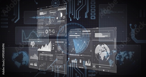 Displaying holographic panels floating in virtual control console, showing circular HUD and charts