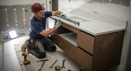 Carpenter Installing Kitchen Cabinet Drawer.