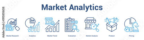 Market Analytics web banner icon set vector illustration concept for business with icon of Market Research, Analytics, Market Trend, Evaluation, Market Analys.
