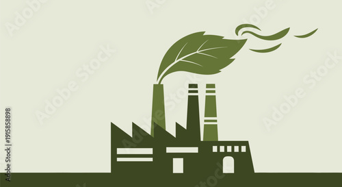 Industrial facility with a large leaf emitting from the chimney, symbolizing eco-friendly industry practices, viewed from the side