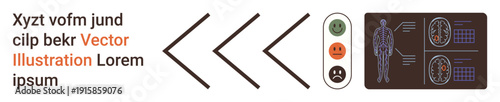 Healthcare, medical analysis, mental health, diagnostics, decision-making, data interpretation. Visuals include brain scans, mood faces and directional arrows. Mental health and medical analysis