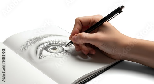 Hand drawing a detailed eye sketch with a black pen on paper