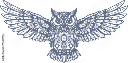 professional owl illustration with integrated electronic circuits and ai processor. hand drawn style vector art with no white fills for easy integration into tech designs