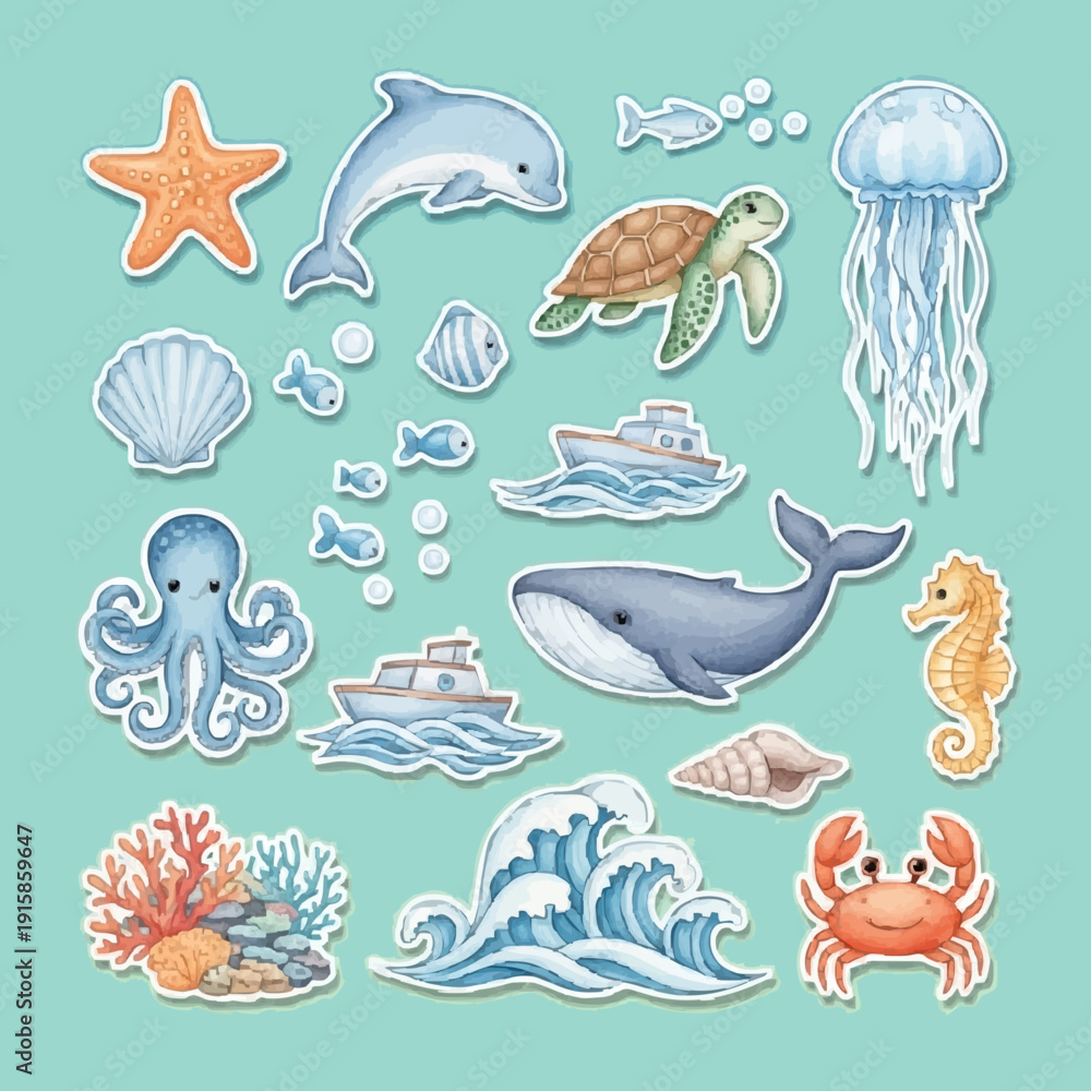 Fototapeta premium illustration marine life, sea animal ocean theme on blue background