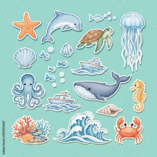 illustration marine life, sea animal ocean theme on blue background