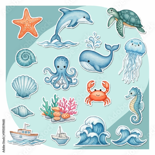 illustration marine life, sea animal ocean theme