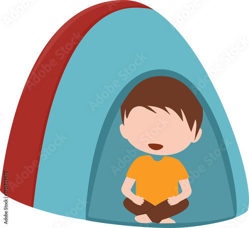 Boy sitting inside a tent