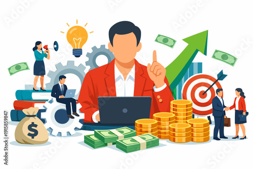 Entrepreneurial Success: Business Strategy, Financial Growth, and Idea Generation. Leader Managing Team, Investment, and Goal Achievement.