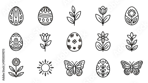 Collection of Easter-themed illustrations featuring eggs, butterflies, and flowers.