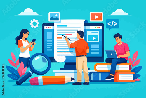 SEO Content Strategy Workflow Illustration. Team Editing Digital Document, Optimizing Website, Blogging, and Marketing Process.