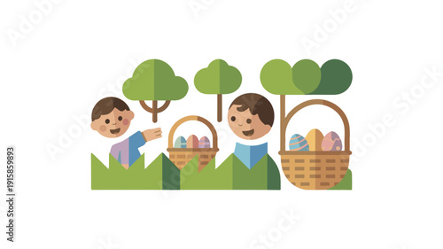 Easter egg hunt illustration with two children and baskets.
