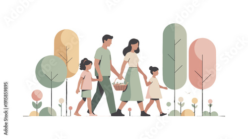 Family strolling through the park, holding hands and enjoying quality time together.