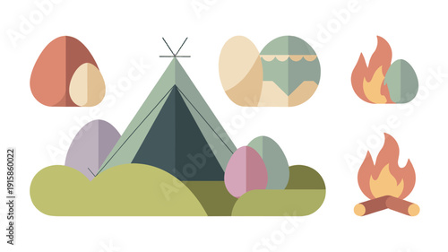 Camping scene featuring a tent, campfire, and eggs.
