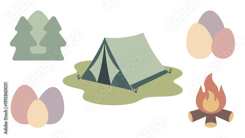 Camping adventure illustration with camping tools set.