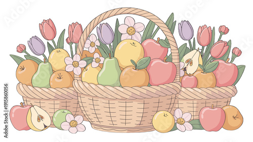 Three baskets overflowing with assorted fruits and adorned with colorful flowers.