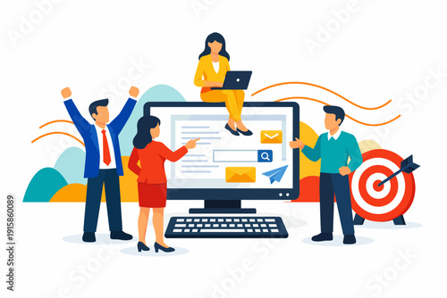 Business Team Working on Digital Marketing Strategy, SEO Optimization, and Goal Achievement. Web Project Collaboration Vector Illustration.
