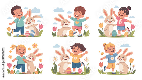 A joyful Easter celebration with children and bunnies.