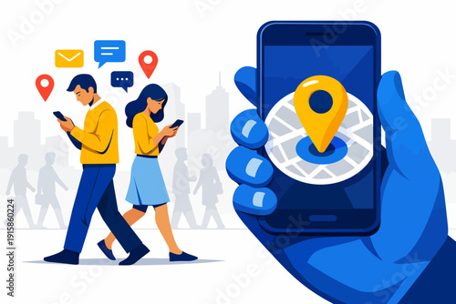 People Navigating City Streets Using GPS Mobile App. Location Tracking, Social Networking, and Urban Digital Connection via Smartphone.
