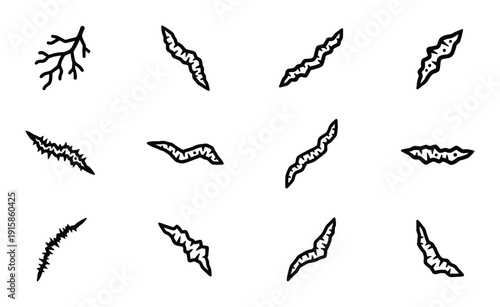 Creepy worms of various shapes and sizes crawling isolated vector line art illustration set