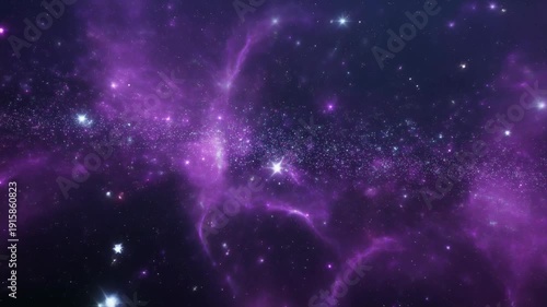 Peaceful drift through a vibrant purple cosmic dust nebula with sparkling stars