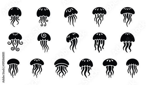 Jellyfish medusa ocean marine animal aquatic sea wildlife underwater vector silhouette icon illustration