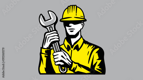 A construction worker in yellow and black attire holds a wrench on a gray backdrop